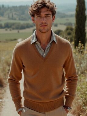 L.L. Bean Men's V-Neck Lambswool Sweater in Camel- vintage
